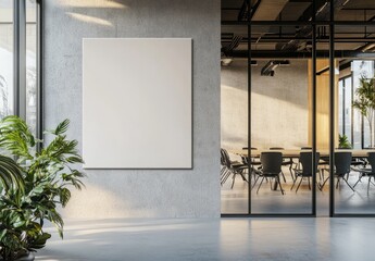 Blank canvas on concrete wall, office interior