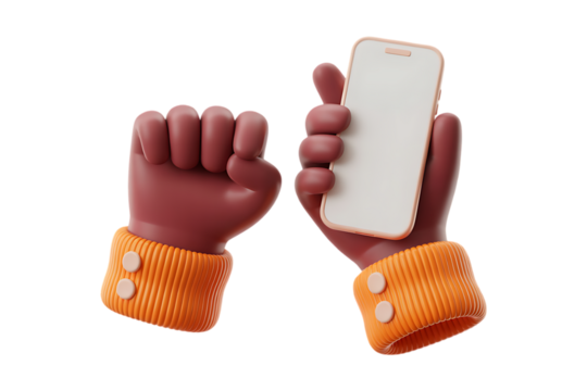 Cartoon hands holding a smartphone with a blank white screen and a fist on the other side render