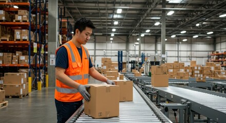 Warehouse employee sorting packages industrial facility busy environment logistics operations