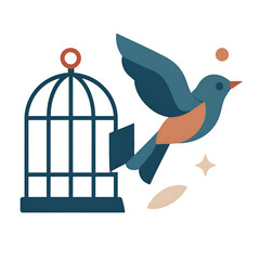 Stylized Blue Bird Flying Near Birdcage with Stars and Abstract Elements