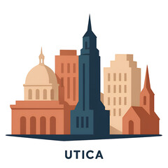 Stylized Cityscape Illustration of Utica Featuring Modern Buildings and Historic Architecture in Soft Pastel Colors