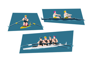 Set of male rowing. Water sport. Cartoon flat vector illustration.