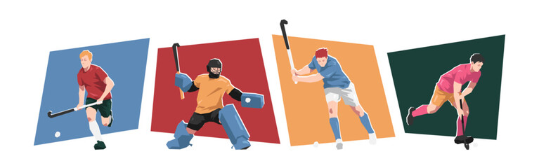 Set of male field hockey player character in action. Sport, activity. Flat vector cartoon illustration.