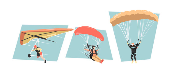 Set of female hang gliding, paramotor, and paragliding. Extreme sport. Cartoon flat vector illustration.