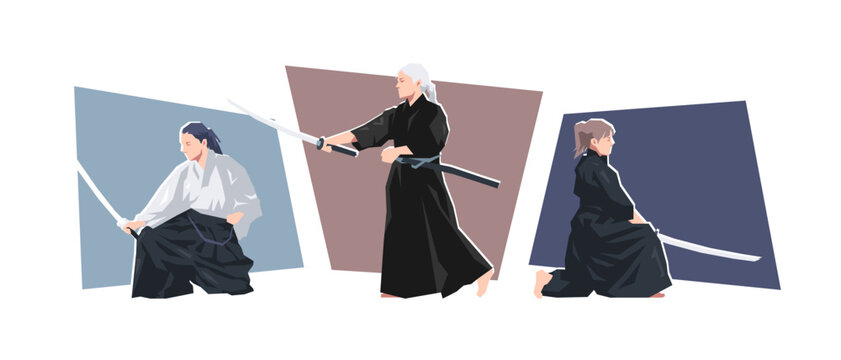 Set of female iaido character. Dynamic pose. Sport, martial arts. Cartoon flat vector illustration.
