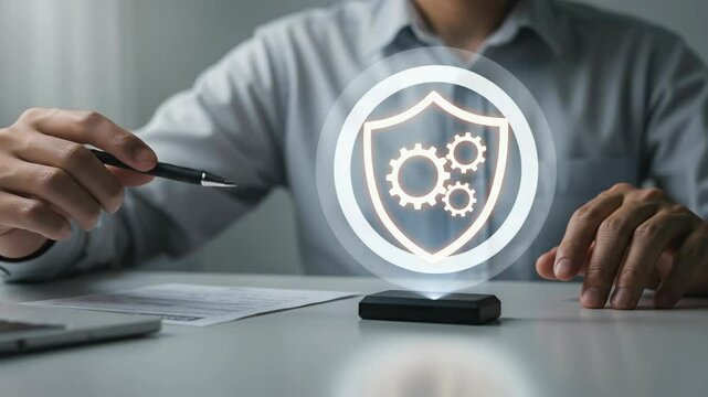 Businessman Signing Contract with Shield and Gears Graphic Overlay