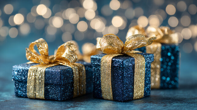 Blue Christmas gift boxes with gold bow on blue defocused holiday background	
 - Powered by Adobe