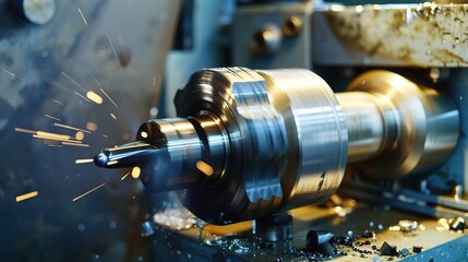Close-up of tool turning operation on a lathe, showcasing a carbide cutting tool shaping a metal workpiece with chips flying and coolant spraying
