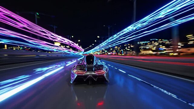 Futuristic Bullet Car Racing through Modern City Streets.
