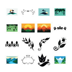 Obraz premium Variety of Nature and Floral Graphics Featuring Tropical Islands, Mountains, and Decorative Plant Elements in Flat Vector Style