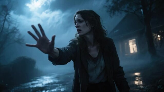 Mujer asustada en una noche tenebrosa