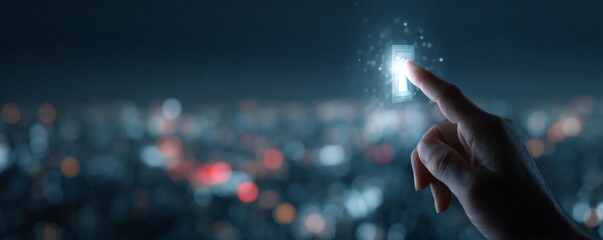 A fingertip activates a glowing interface element against a blurred cityscape backdrop. This captivating image symbolizes technological advancement, connectivity, and the power of innovation.