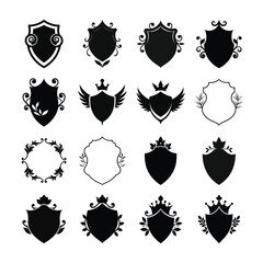 Collection of Heraldic Shields and Decorative Crests for Logo Design and Branding Purposes Embodying Royalty and Tradition