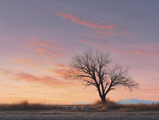 Lone tree silhouetted against a breathtaking pastel sunset sky. Evokes serenity, resilience, and natural beauty. Ideal for nature, hope, or environmental themes.