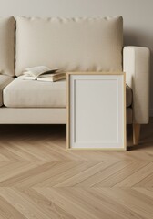 Blank Wood Frame Mockup in Modern Neutral Living Room with Beige Sofa