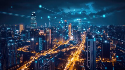 Fototapeta premium Urban Nightscape with Digital Connections and Network Visualization in a Modern Cityscape
