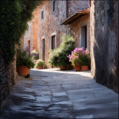 Fototapeta premium Charming Italian alleyway with stone walls, cobblestone path, and vibrant flower pots. Evokes travel, tranquility, and oldworld beauty. Ideal for tourism, lifestyle.