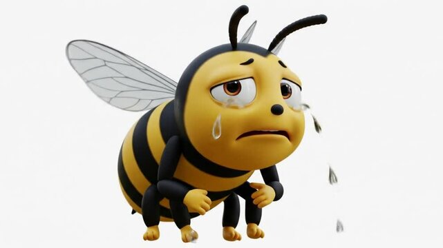 Sad Bee Cartoon: A cute, cartoon bee with big, sad eyes and tears streaming down its face.  The bee appears to be feeling down or upset.
