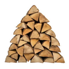 Fototapete Rund Stacked firewood arranged in triangular shape, showcasing natural textures and colors of wood. This evokes sense of warmth and rustic charm © Kunut