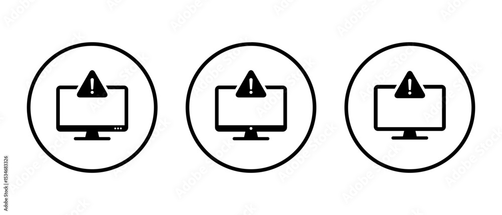 Poster warning sign on computer icon on circle line. digital security warning sign. malware and virus alert