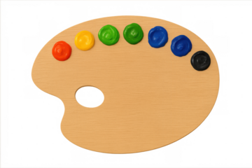 Vibrant paint blobs splashing across classic wooden palette, highlighting artistic color mixing against transparent backdrop