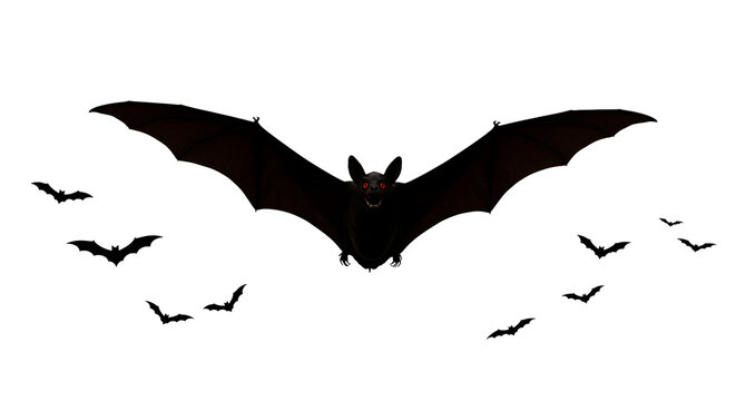 A bat with open wings and glowing red eyes is surrounded by smaller bats in the darkness