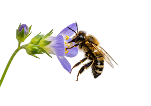 A bee with striped body is on a lightpurple flower with yellow stamens against a black backdrop