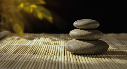 Stacked Stones on Bamboo Mat: Zen Balance and Tranquility