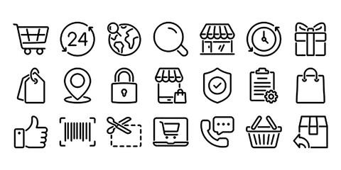 Online shopping and e-commerce editable stroke outline icons set isolated on white background flat vector illustration.
