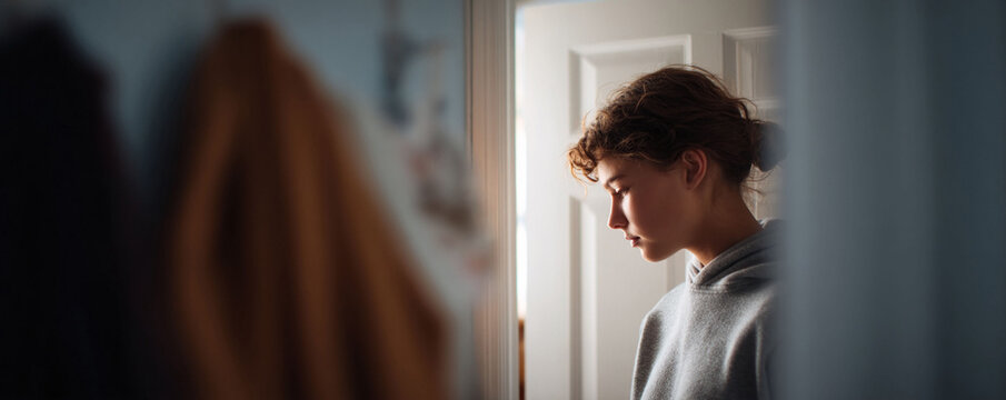 Contemplative portrait of a young woman in a hoodie, looking down with a thoughtful expression. Evokes introspection, solitude, and quiet moments of reflection.