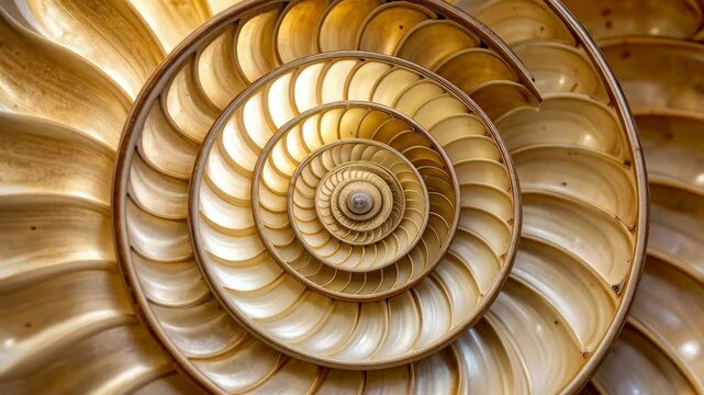 Close-up shot of nautilus shell with intricate spiral pattern in neutral colors revealing unique internal structure and chambers