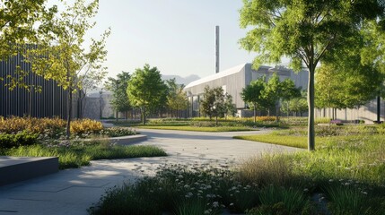 Modern Urban Park with Lush Greenery and Vibrant Flower Beds in Bright Sunlight