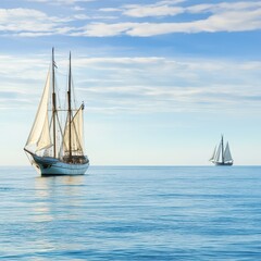 Fototapeta premium Sailing vessels drift on calm sunset waters