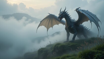 Realistic dragon emerging from thick morning fog on a grassy hilltop with glowing eyes and dew-covered wings