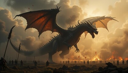 Dragon flying over burning battlefield with rising smoke and fire casting a terrifying shadow on the ground