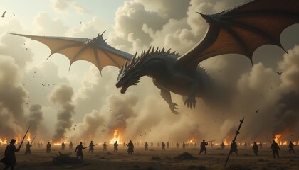Dragon flying over burning battlefield with rising smoke and fire casting a terrifying shadow on the ground