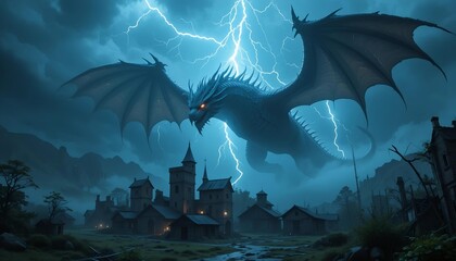 Lightning lights up the sky behind a powerful thunder dragon hovering above a ruined town