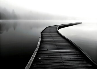 Fototapeta premium A wooden boardwalk curves over calm water disappearing into the misty horizon line