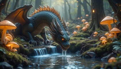 Deep in the woods, a green dragon drinks from a stream under the soft glow of magical mushrooms
