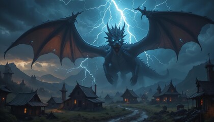 Thunder dragon hovering above ruined village as lightning cracks across the stormy sky and eyes glow bright