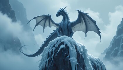 A large dragon gripping a sharp ice cliff while snow whips around in icy mountain winds