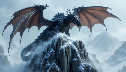 Massive dragon standing atop frozen jagged cliffs under harsh winter conditions