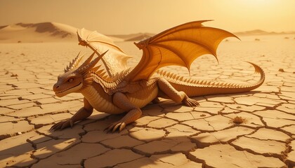 A golden desert dragon blending into cracked, sun-scorched earth, lying still under the blazing afternoon heat