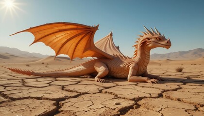 Desert dragon blending into cracked, sun-scorched earth, lying still under the blazing afternoon heat