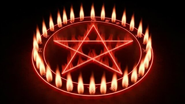Neon Pentagram Symbol with Fiery Effect and Mystical Elements