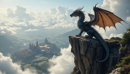 Dragon standing tall on a cliff’s edge, overlooking a vast kingdom beneath the clouds