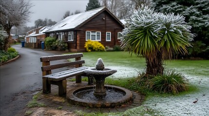 A frosty garden with delicate ice crystals on dormant plants, snow on garden furniture, and a frozen fountain in the center