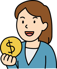 Hand drawn Business people doodle, Cheerful woman holding a coin with a dollar sign.