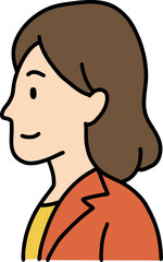 Hand drawn Business people doodle, Profile illustration of a woman with brown hair and orange jacket.