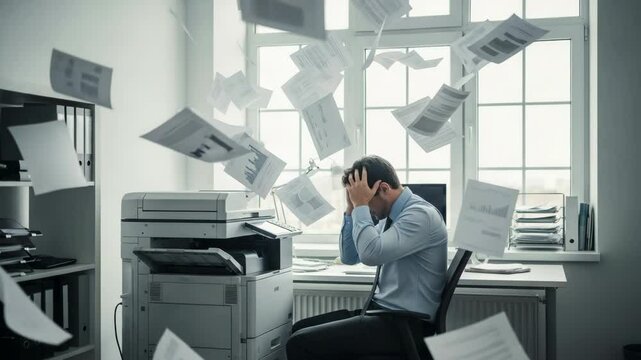 Businessman in Stress at Office with Papers Flying Everywhere